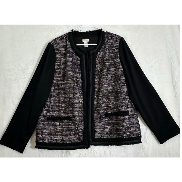 Chico's Black Purple Tweed Open Jacket Blazer 3 XL Fringe - Picture 1 of 10